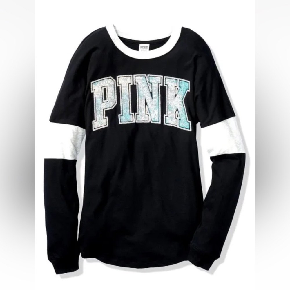 PINK Victoria’s Secret black long sleeve tee w/ silver sequin logo size small